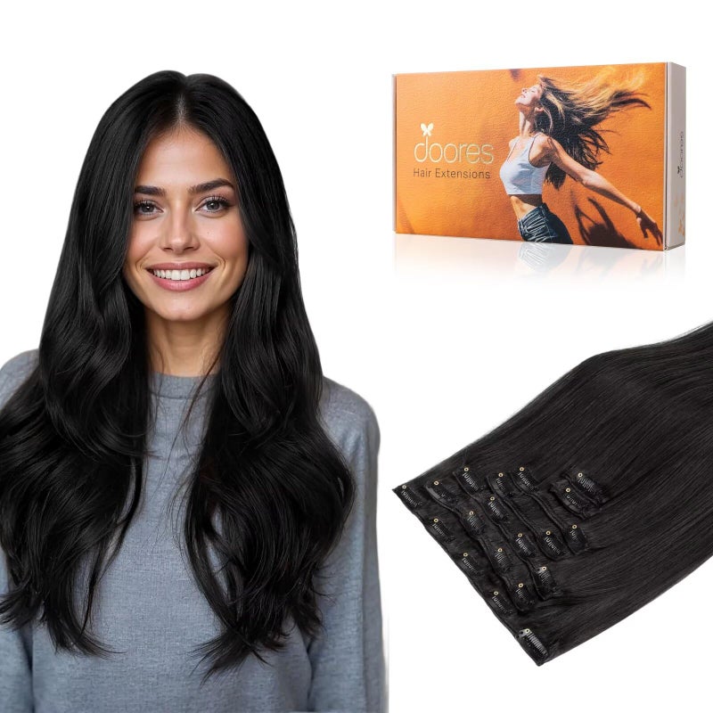 DOORES Clip in Hair Extensions Natural Black Real Hair Extensions Clip in Human Hair 100g 7pcs 14 Inch Straight Natural Thick Weft - Image 1